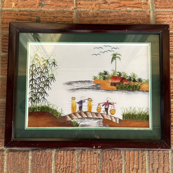 Framed Handmade Silk Embroidery Asian Village Scene Size 13.5”x17.5” - Picture 1 of 8